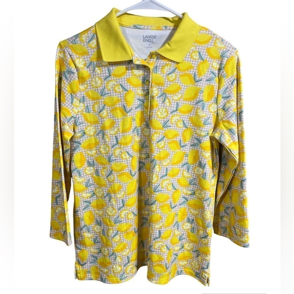 Lands’ End Cotton‎ Gingham Lemon Fruit Print Long Sleeve Polo Shirt Yellow Small